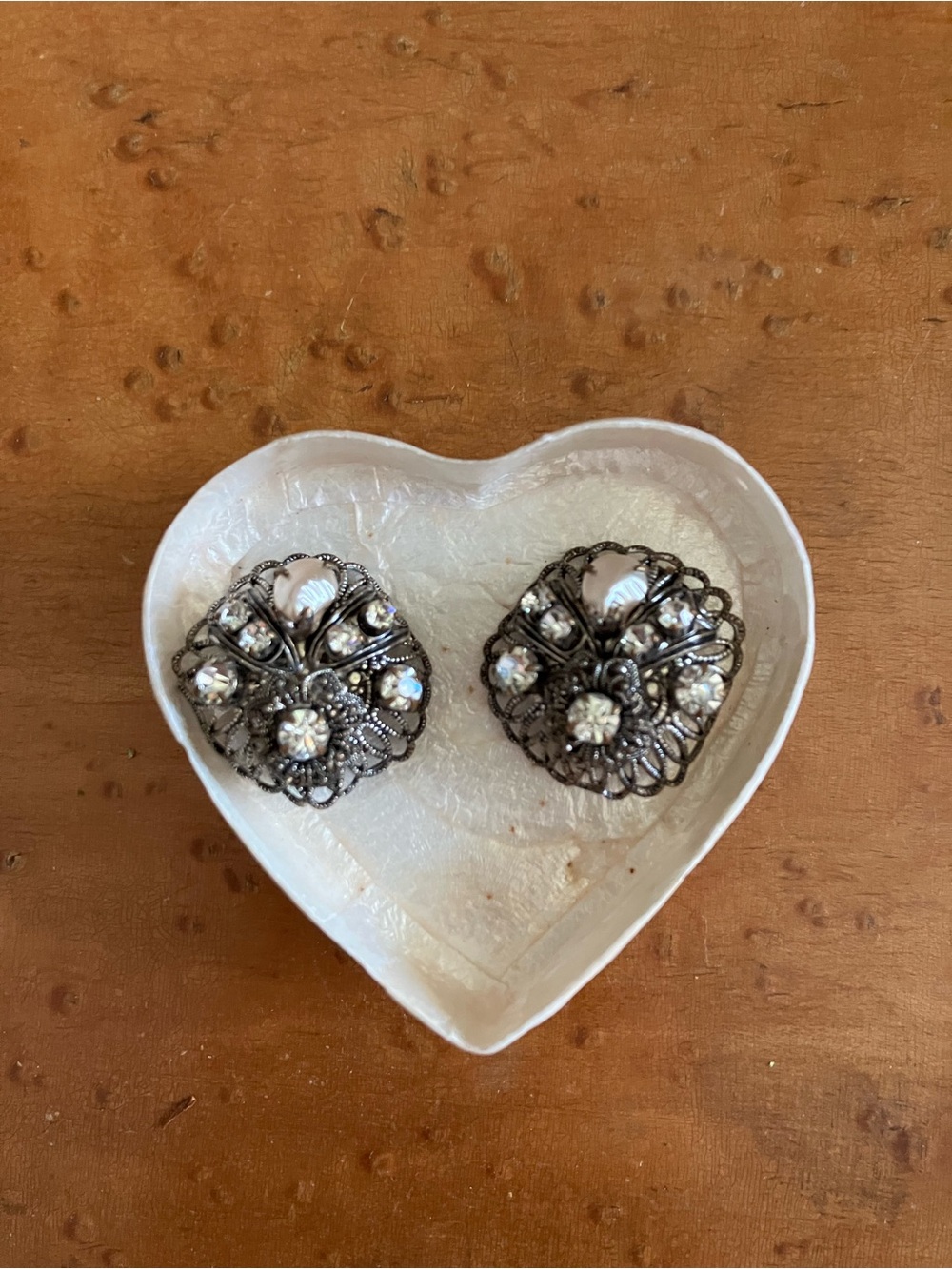 Vintage Silver Filigree Clip-On Earrings with Faux Pearls and Rhinestones